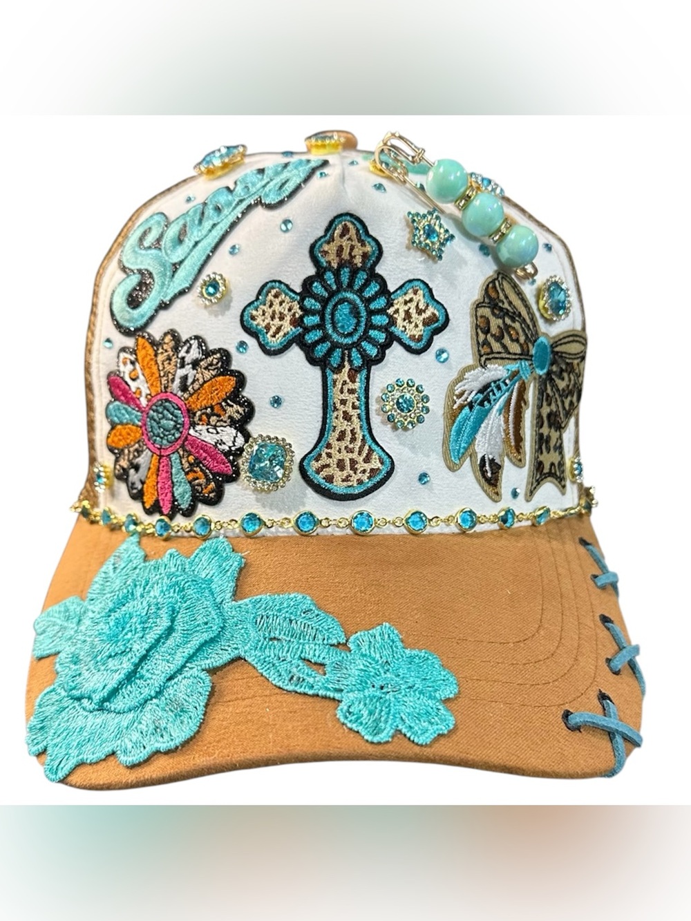 Embellished Turquoise & Tan Women's Baseball Cap